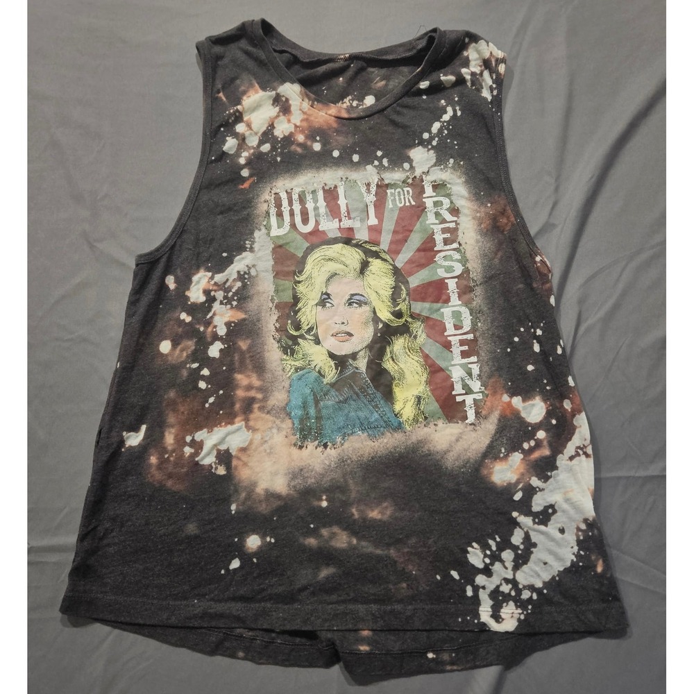 Unbranded Dolly Parton For President Muscle Tank Women M Gray Bleach Splatter